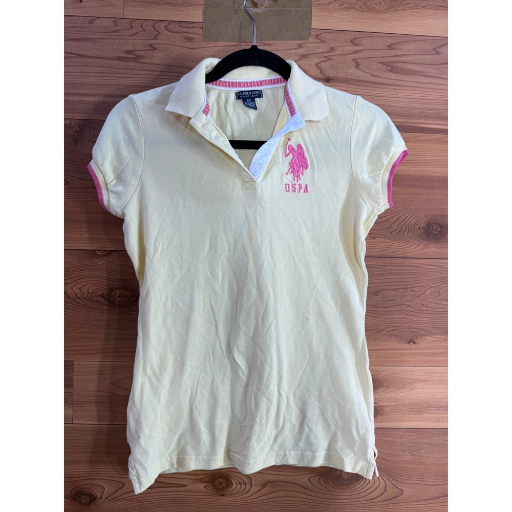 US Polo Assn Womens XS Yellow Pink Short Sleeve Pique Polo Shirt Logo Stretch